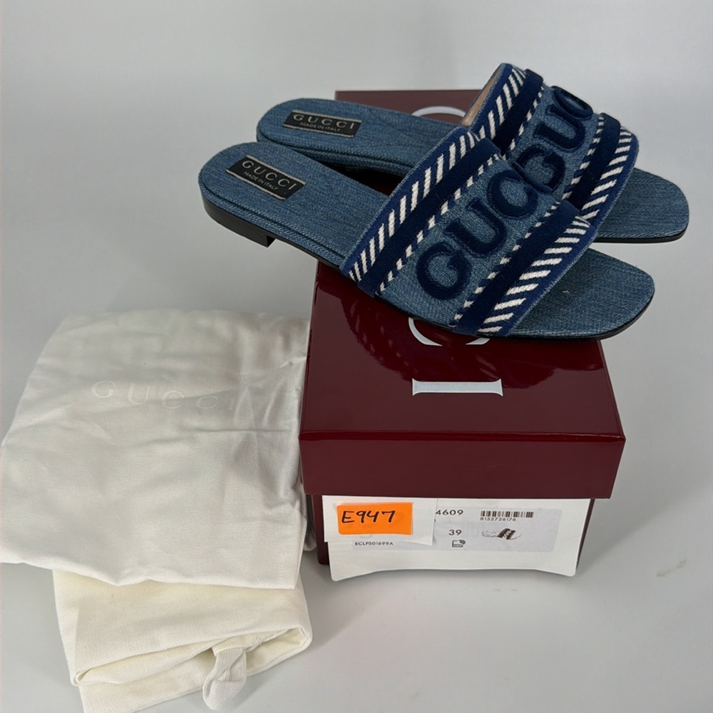 Gucci 39 Denim Jean Jane Logo Blue Stripe Slides Sandals E947 - Picture 2 of 14
